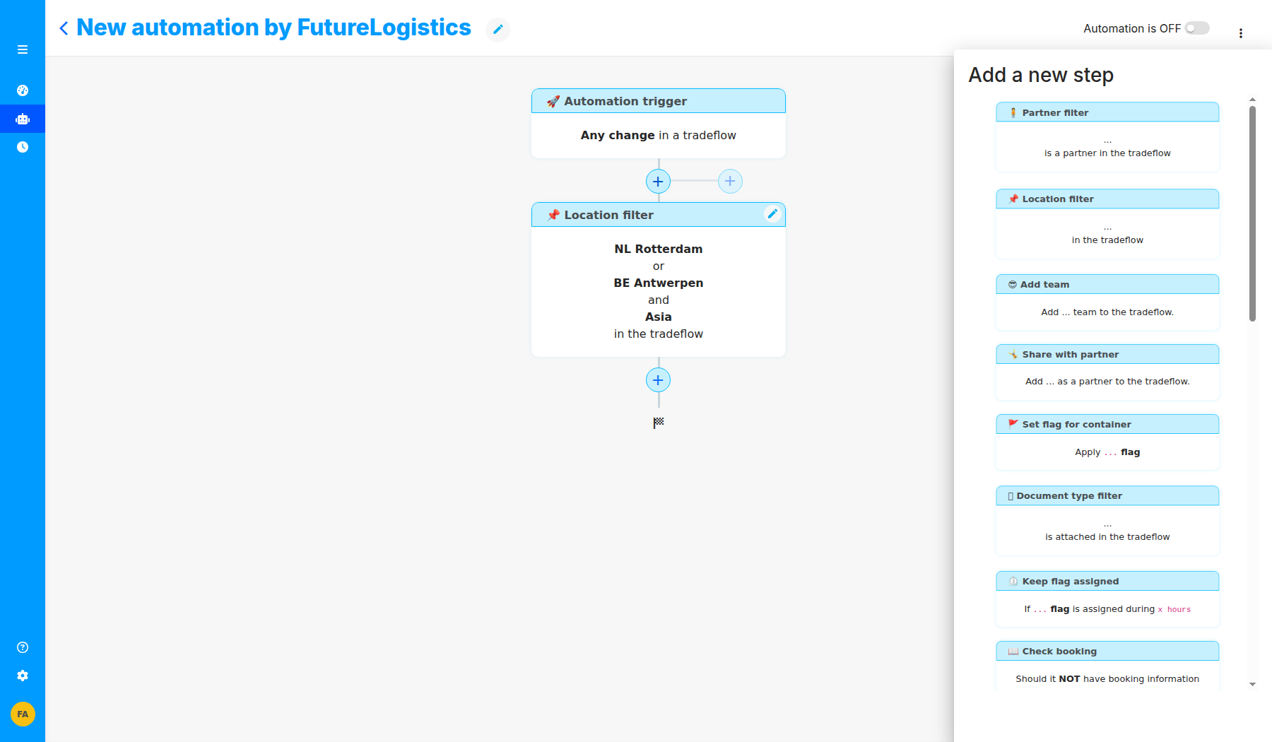 The step picker, with Location filter among the available filters