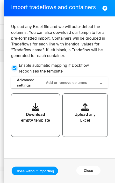 The import panel, showing the option to upload any Excel file