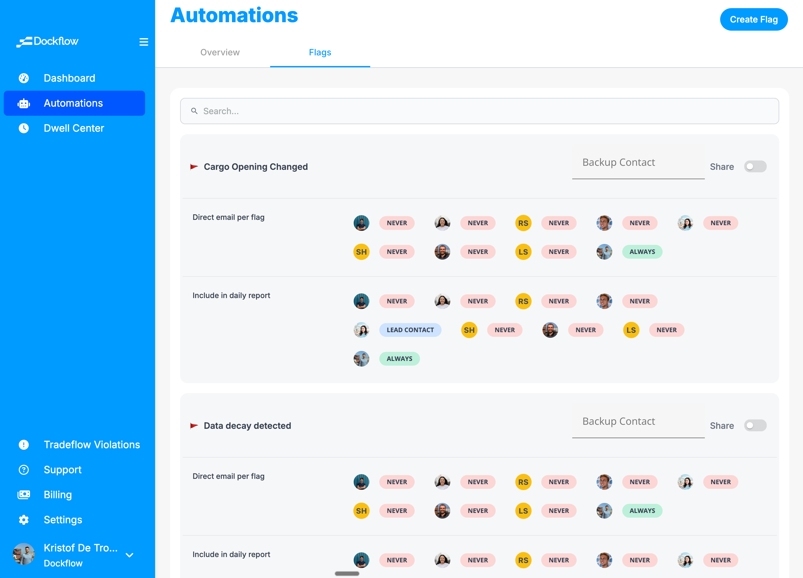 Automations — Flags tab with ETA change and Container discharged sections