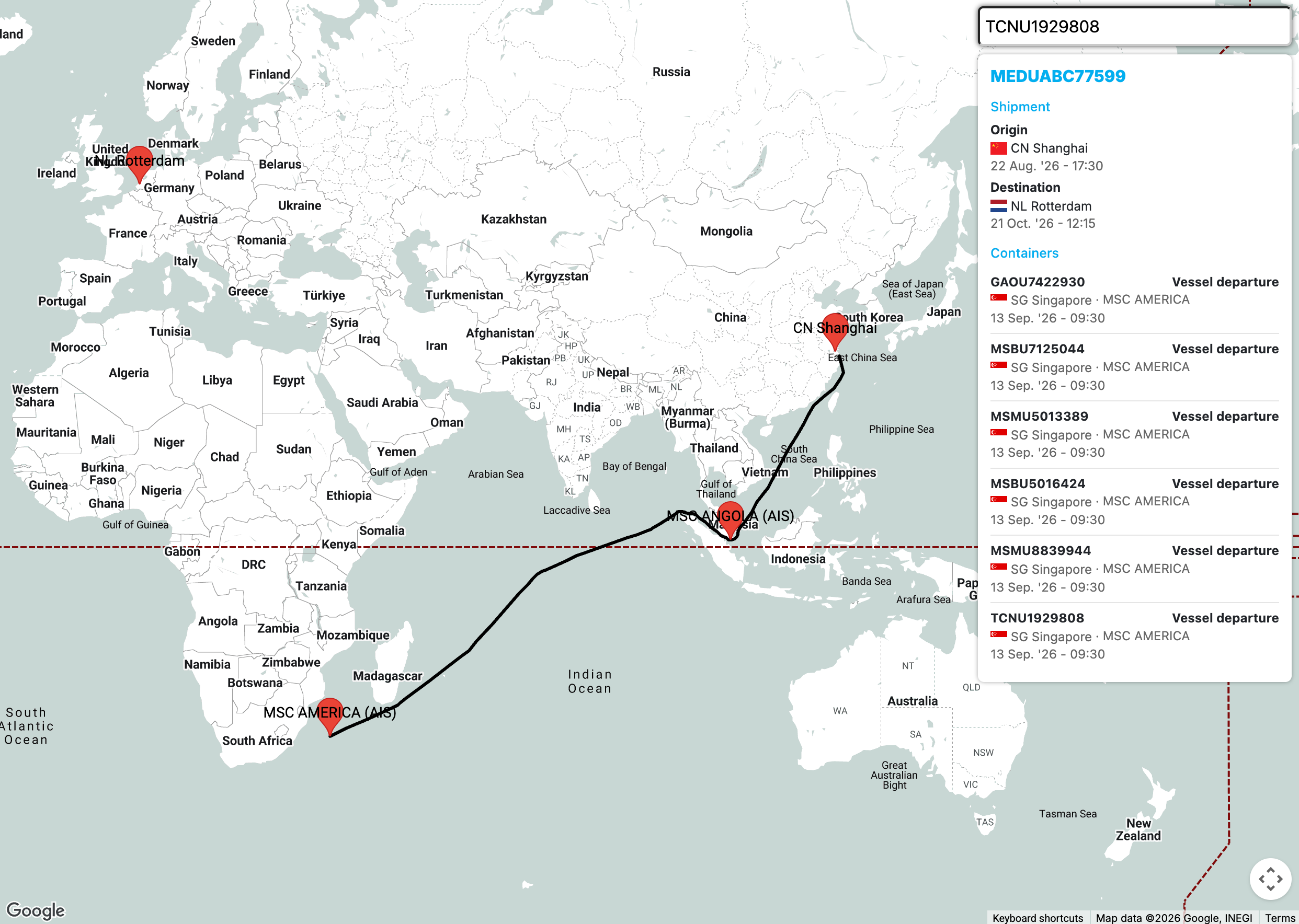 The Dockflow Web Widget showing a shipment from Shanghai to Rotterdam