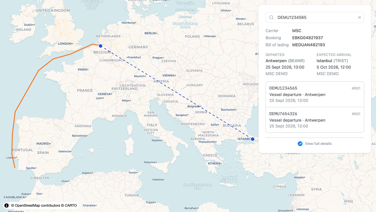 The Dockflow tracking widget showing a shipment from Antwerpen to Istanbul